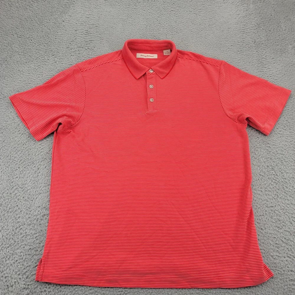Tommy‎ Bahama Shirt Mens Large Red Pink Striped Modal Polo Golf Outdoors Casual